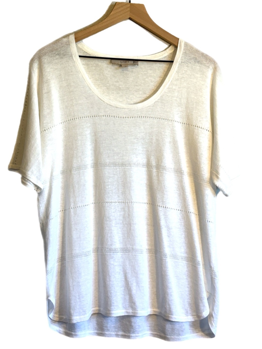 Ann Taylor Linen Cotton Eyelet Knit Scoop Neck Short-Sleeve Top White L Basic